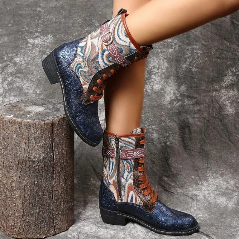 Heel Martin Boots Retro Embroidered Ethnic Style Square