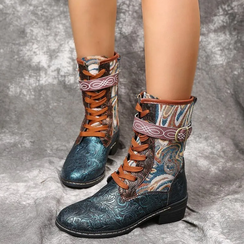Heel Martin Boots Retro Embroidered Ethnic Style Square