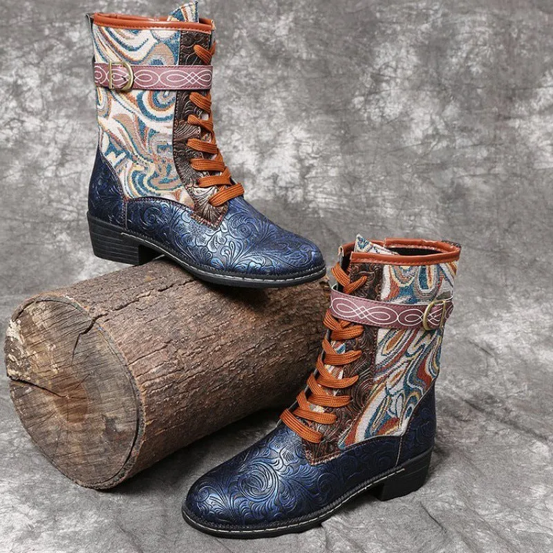 Heel Martin Boots Retro Embroidered Ethnic Style Square