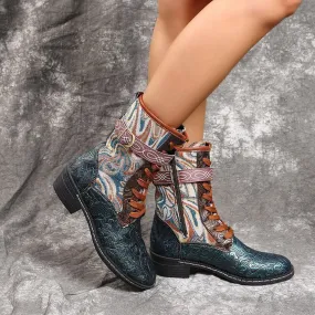 Heel Martin Boots Retro Embroidered Ethnic Style Square