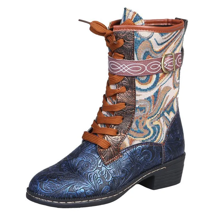 Heel Martin Boots Retro Embroidered Ethnic Style Square