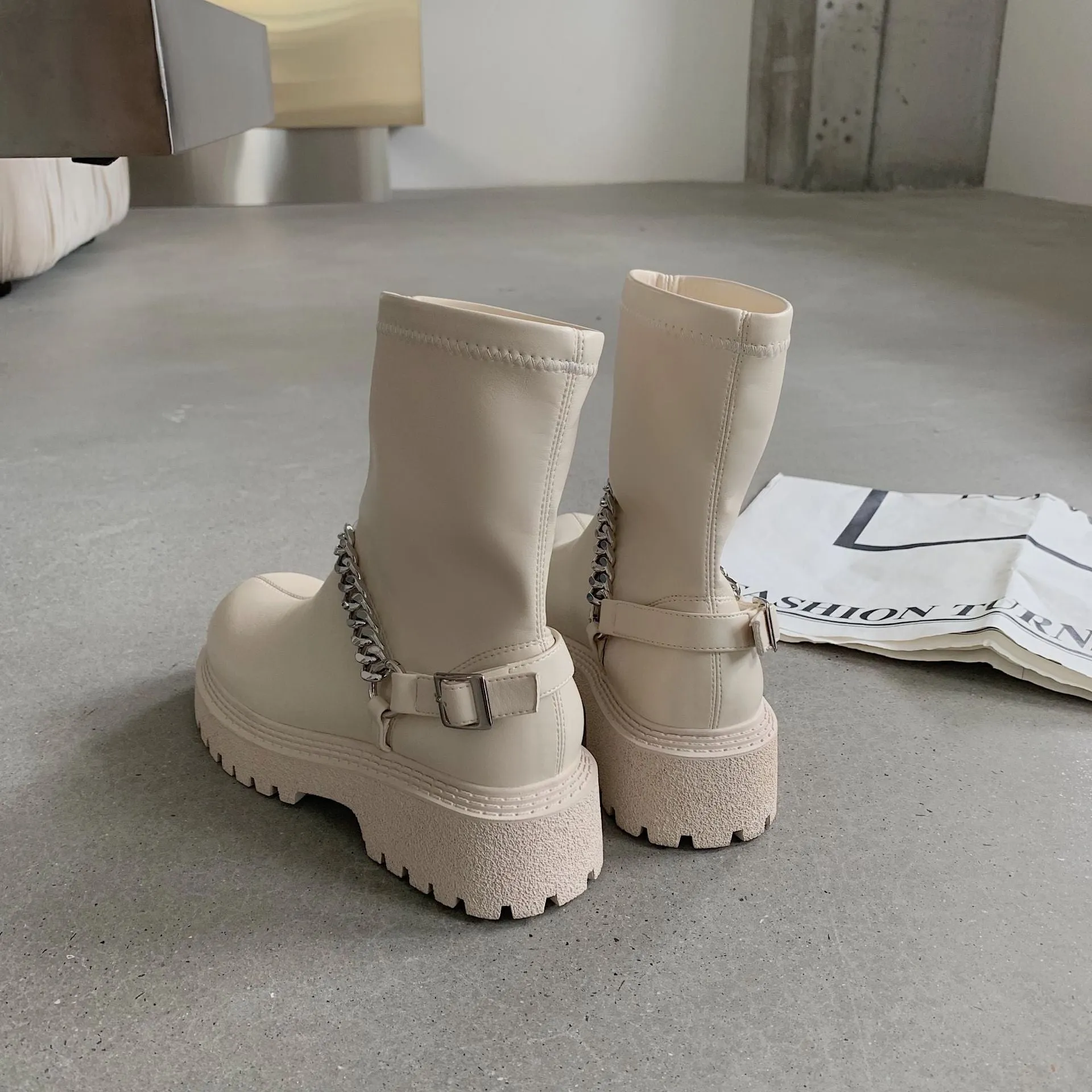 LDM Black Short Boots Martin Boots Female 2021 New Short Tube Boots Thick Bottom Chain Boots