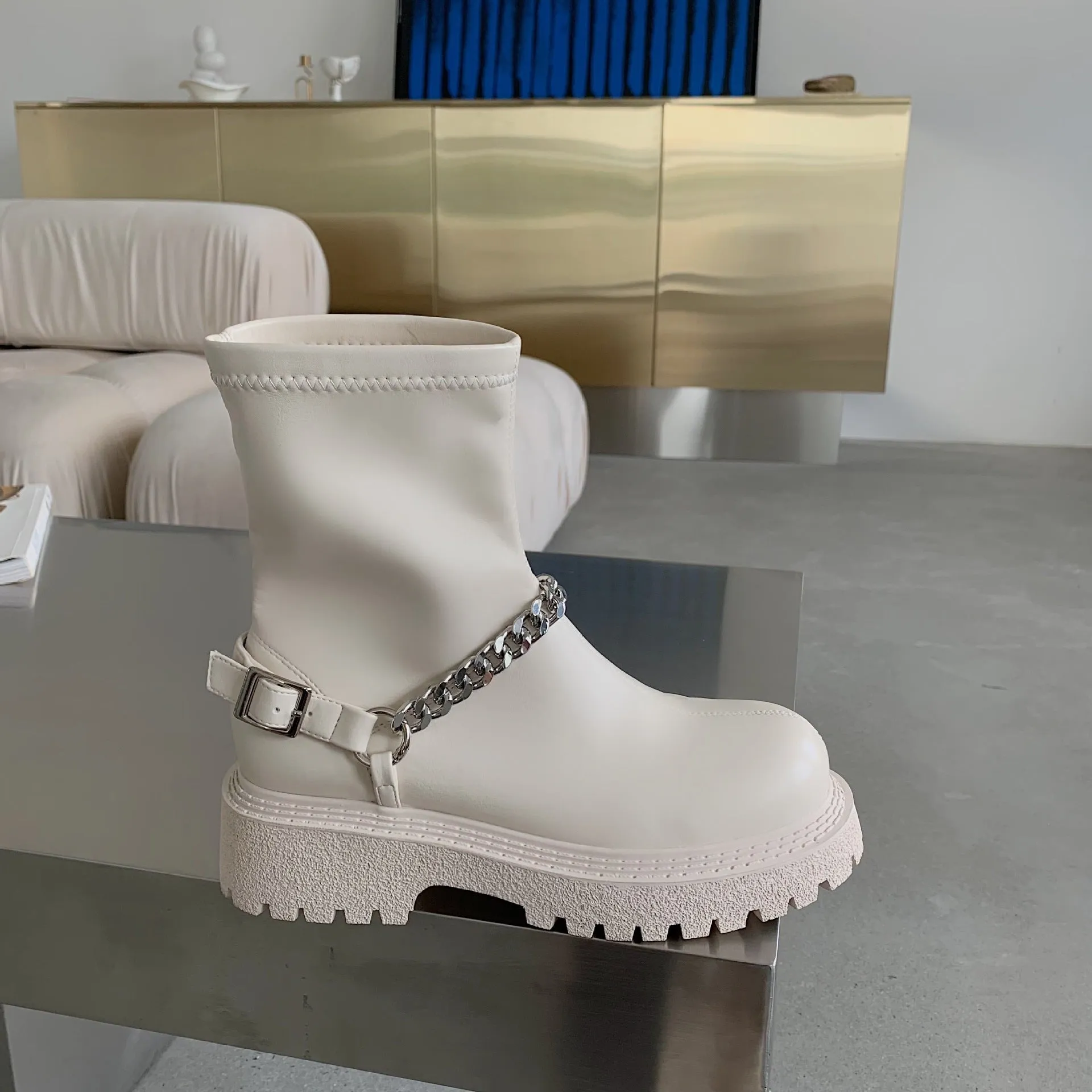LDM Black Short Boots Martin Boots Female 2021 New Short Tube Boots Thick Bottom Chain Boots