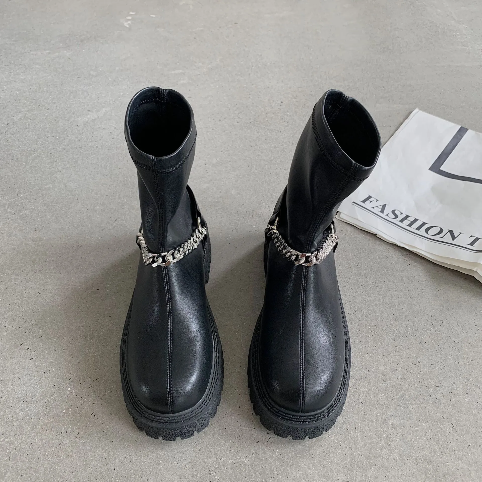 LDM Black Short Boots Martin Boots Female 2021 New Short Tube Boots Thick Bottom Chain Boots