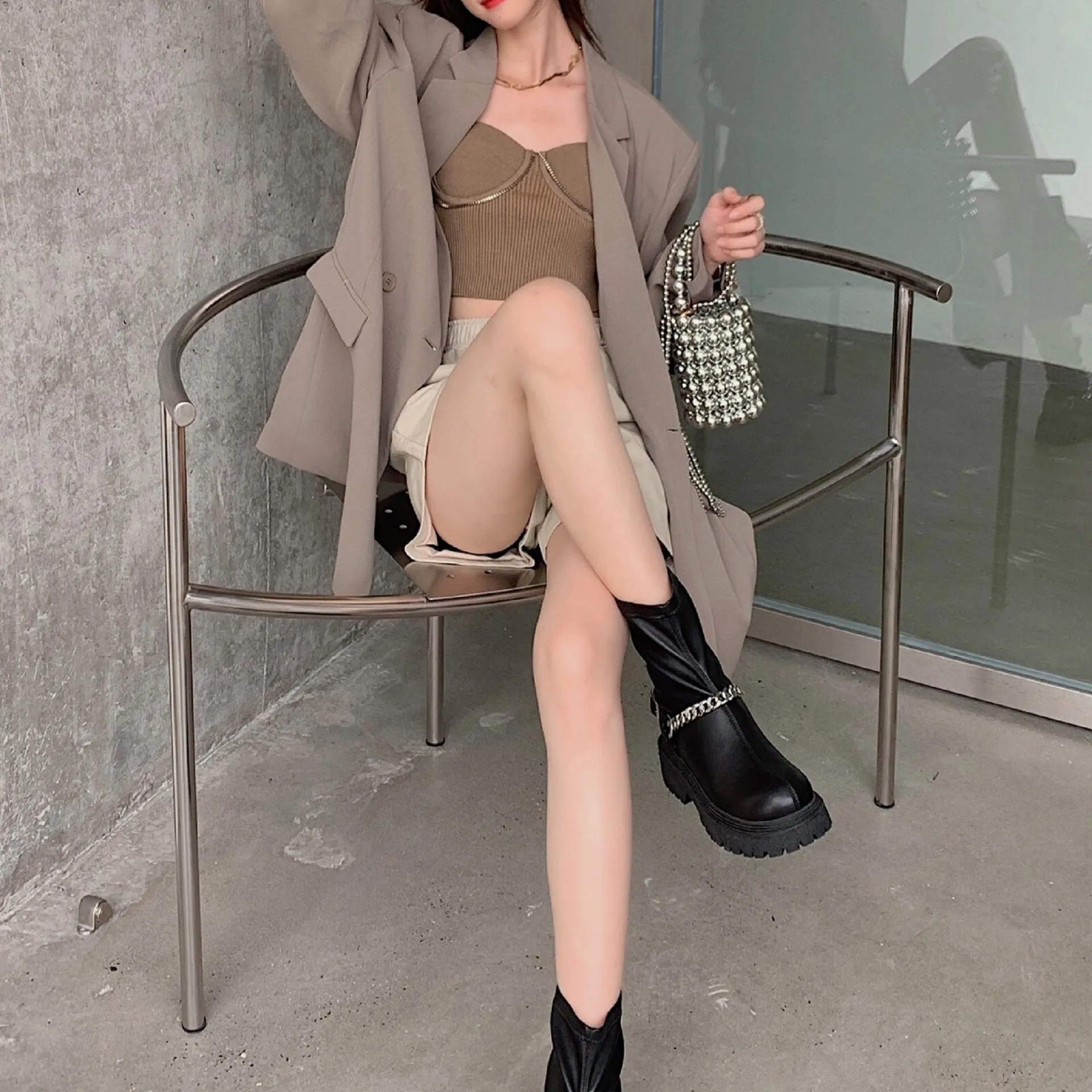 LDM Black Short Boots Martin Boots Female 2021 New Short Tube Boots Thick Bottom Chain Boots
