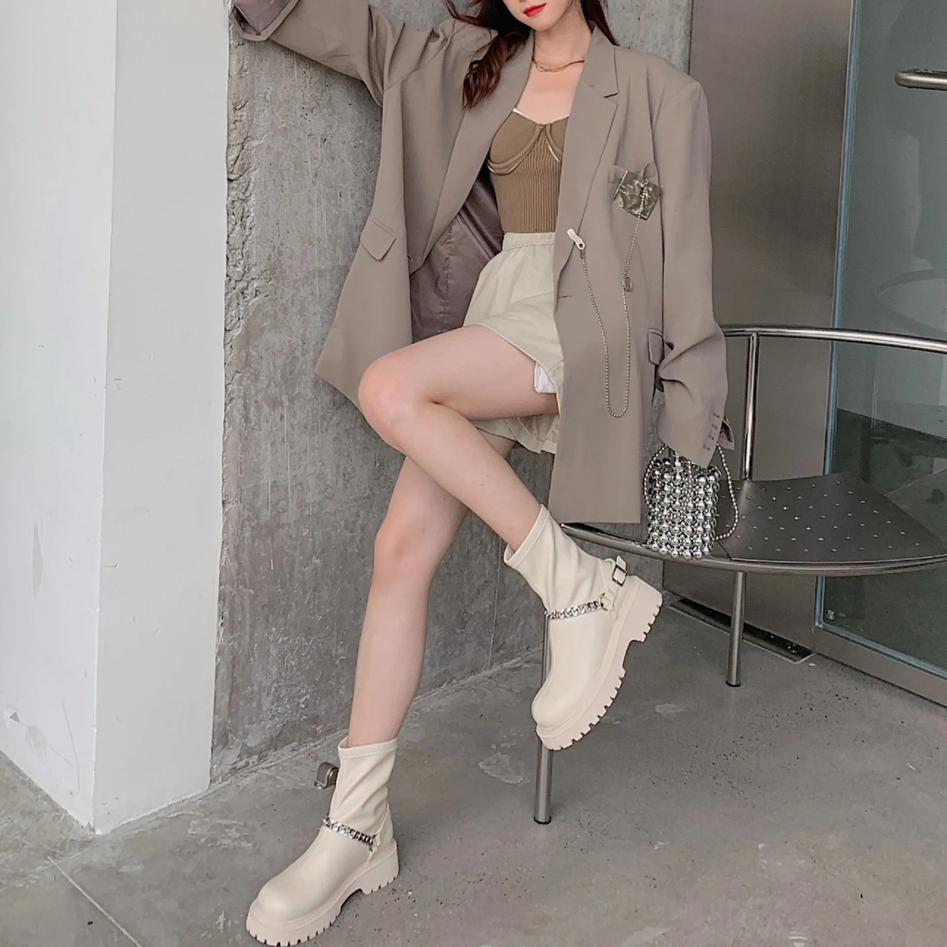 LDM Black Short Boots Martin Boots Female 2021 New Short Tube Boots Thick Bottom Chain Boots