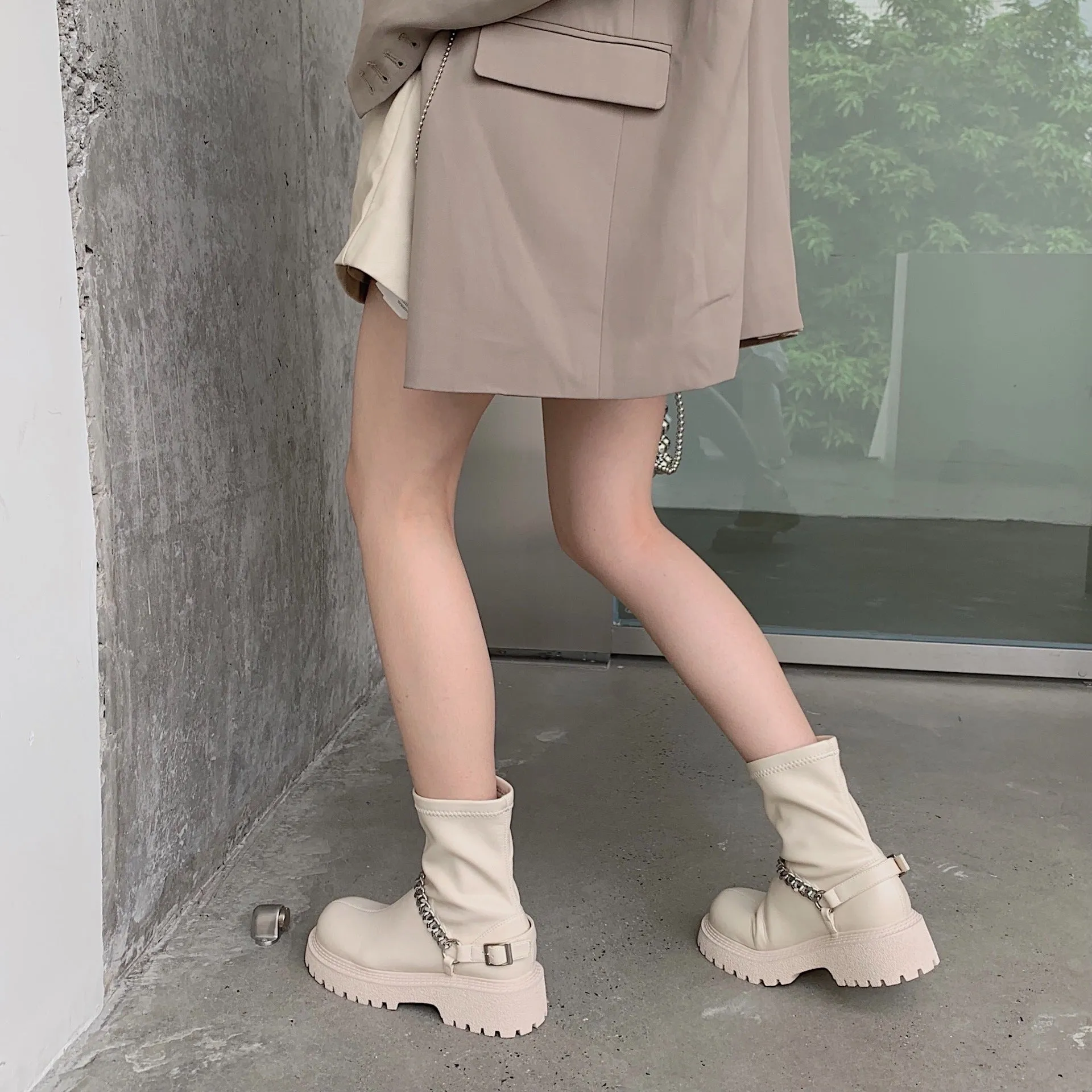 LDM Black Short Boots Martin Boots Female 2021 New Short Tube Boots Thick Bottom Chain Boots
