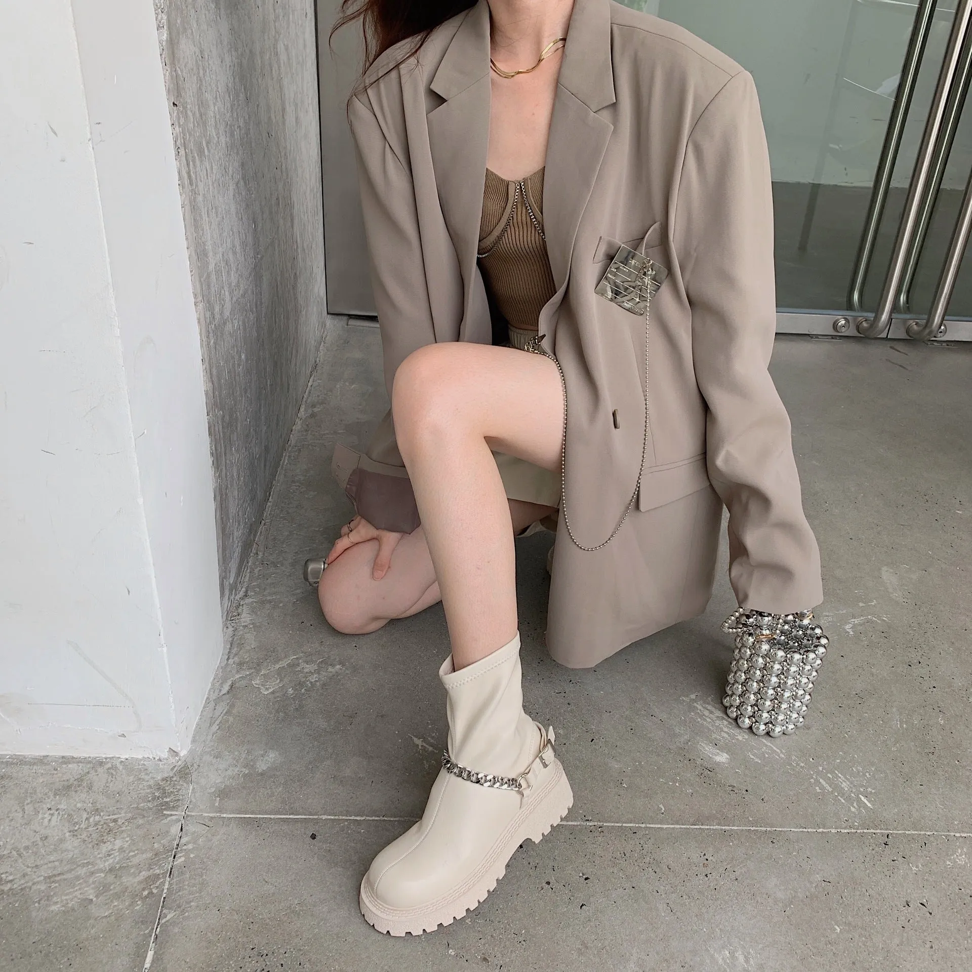 LDM Black Short Boots Martin Boots Female 2021 New Short Tube Boots Thick Bottom Chain Boots