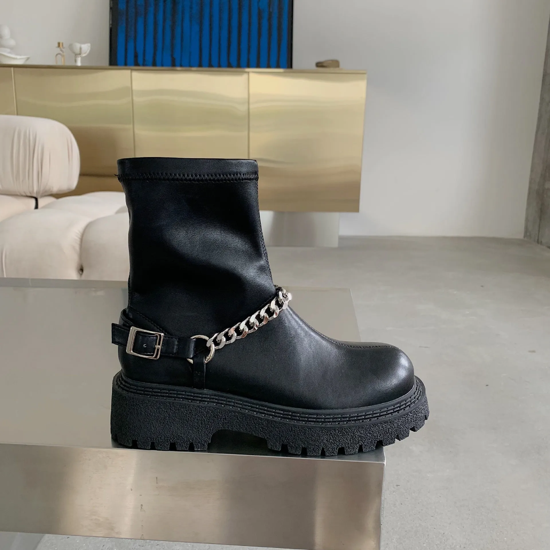 LDM Black Short Boots Martin Boots Female 2021 New Short Tube Boots Thick Bottom Chain Boots