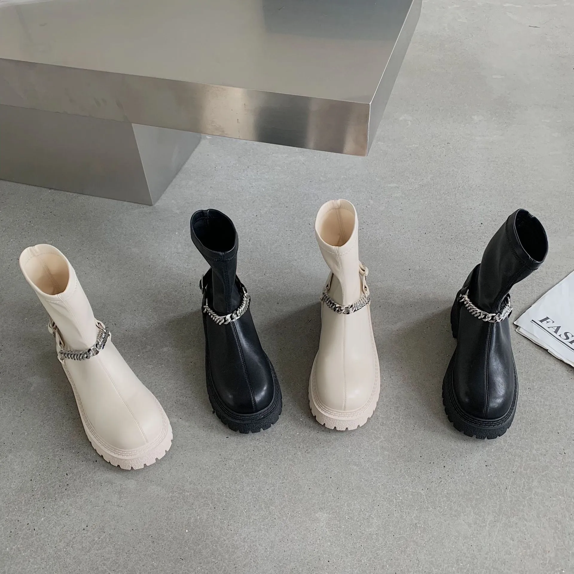 LDM Black Short Boots Martin Boots Female 2021 New Short Tube Boots Thick Bottom Chain Boots